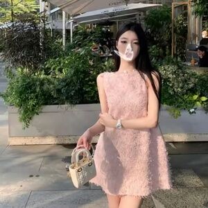New Elegant Dresses Women Sweet Sleeveless O Neck Pink Patchwork Loose Mini Sexy